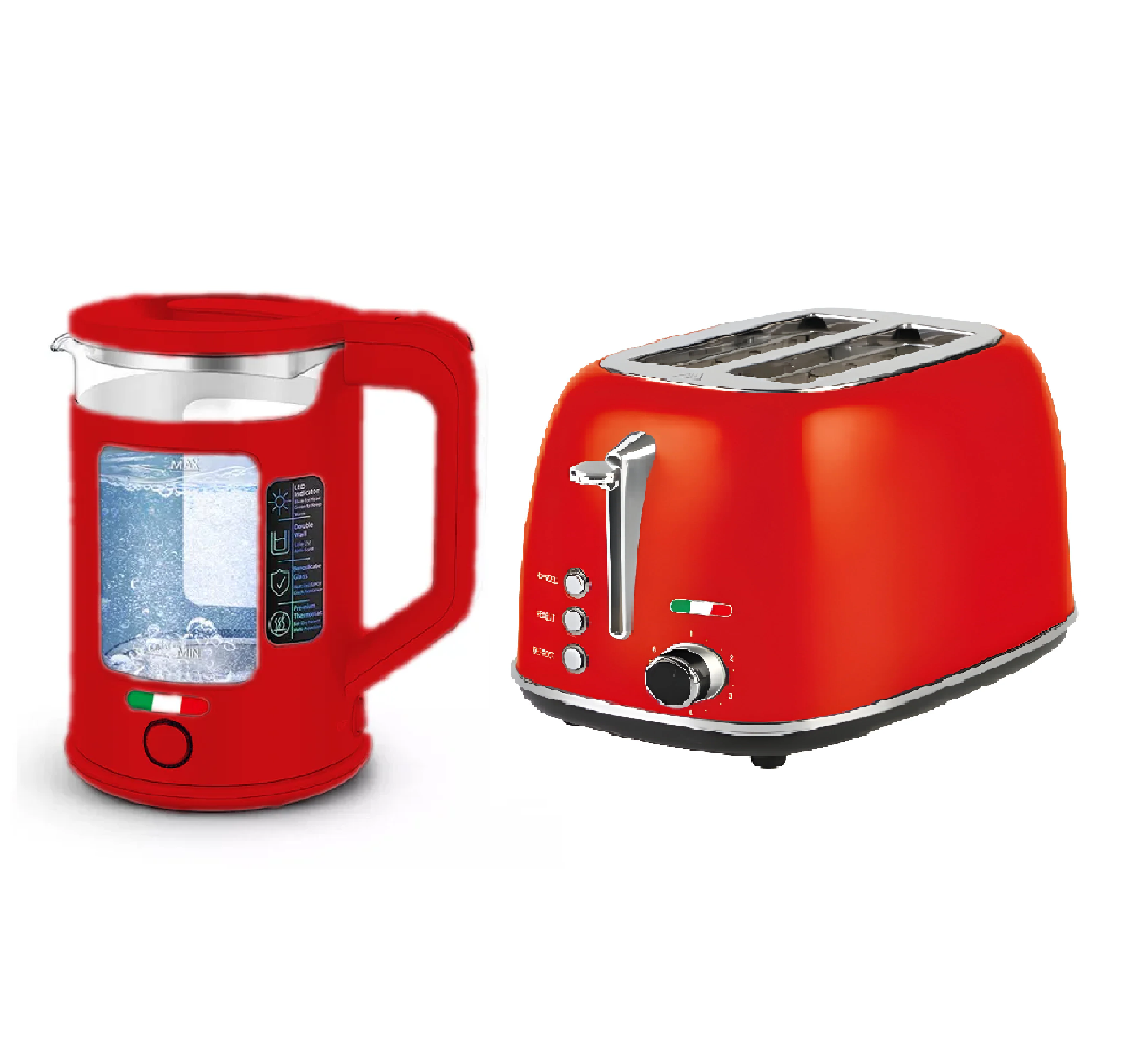 Vintage 2 Slice Toaster & 1.7L Glass Kettle Set - Red Modern Design - LED, Browning Control, Keep Warm - Chrome Trim - Stylish Kitchen Combo Vintage 2 Slice Toaster & 1.7L Glass Kettle Set - Red Modern Design - LED, Browning Control, Keep Warm - Chrome Trim - Stylish Kitchen Combo